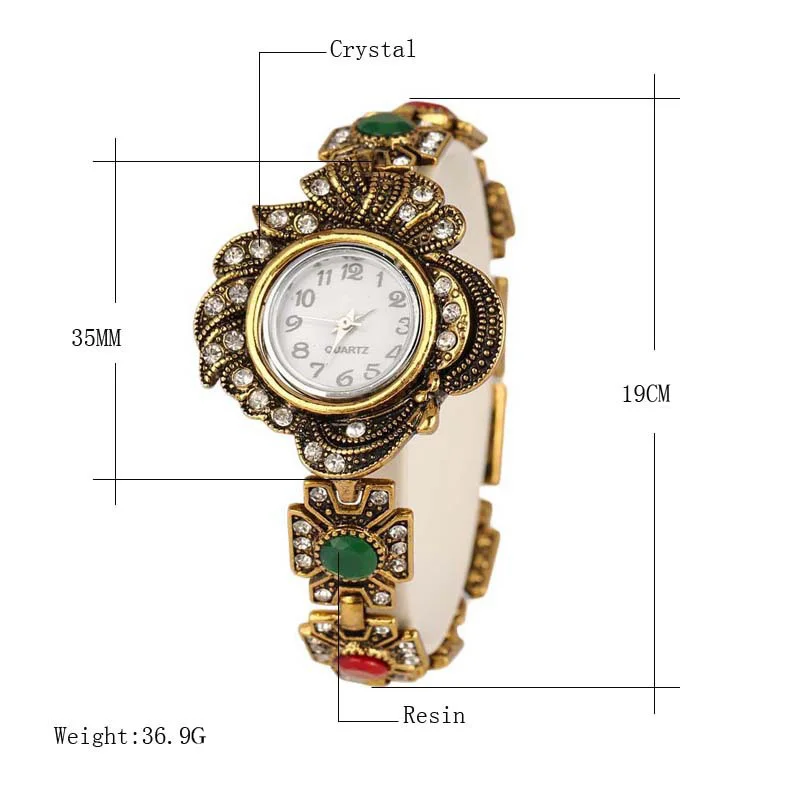 2018 New Vintage Indian Turkish Wrist Watch Jewelry Antique Gold Color Crystal Bracelets Bangles For Women Mothers Day Gift