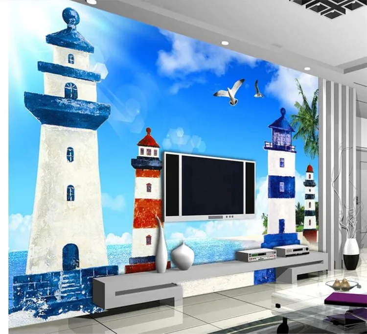 

Mediterranean Style 3D Cartoon Lighthouse Sea Landscape Photo Mural Wallpaper Living Room Kid's Room Non-Woven Wallpaper Fresco