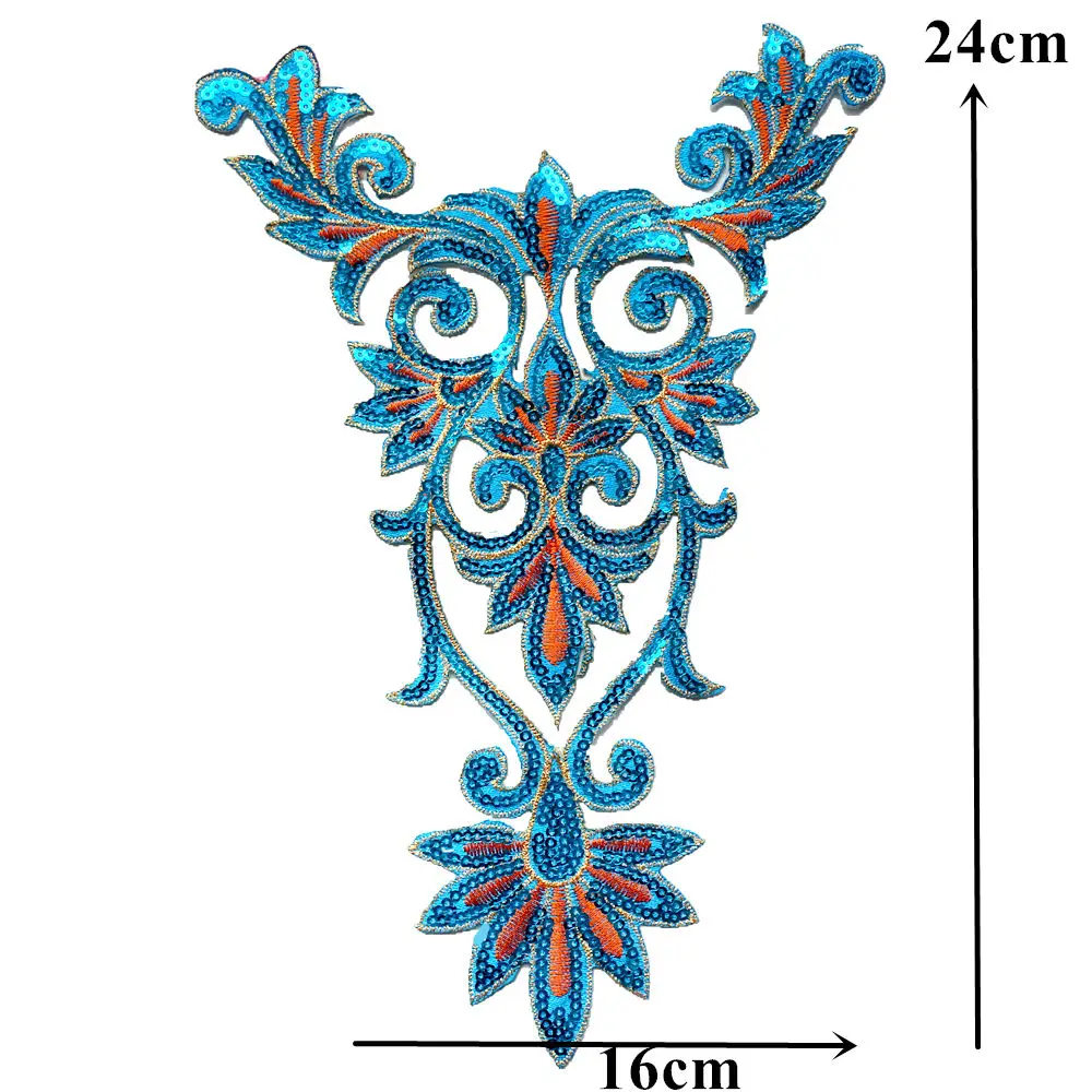 Gold Blue Sequined Patches Flower Totem Sew Iron On Badges Embroidered Appliques For Clothes DIY Craft Decoration Sticker