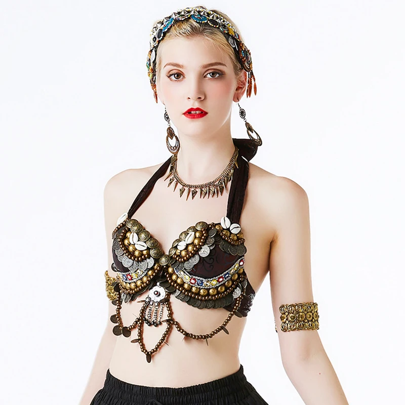 Tribal Belly Dance Push Up ชุดชั้นในลูกปัด B-C-D ถ้วย Vintage Gypsy Bra Bronze เหรียญ Swags ATS Tops