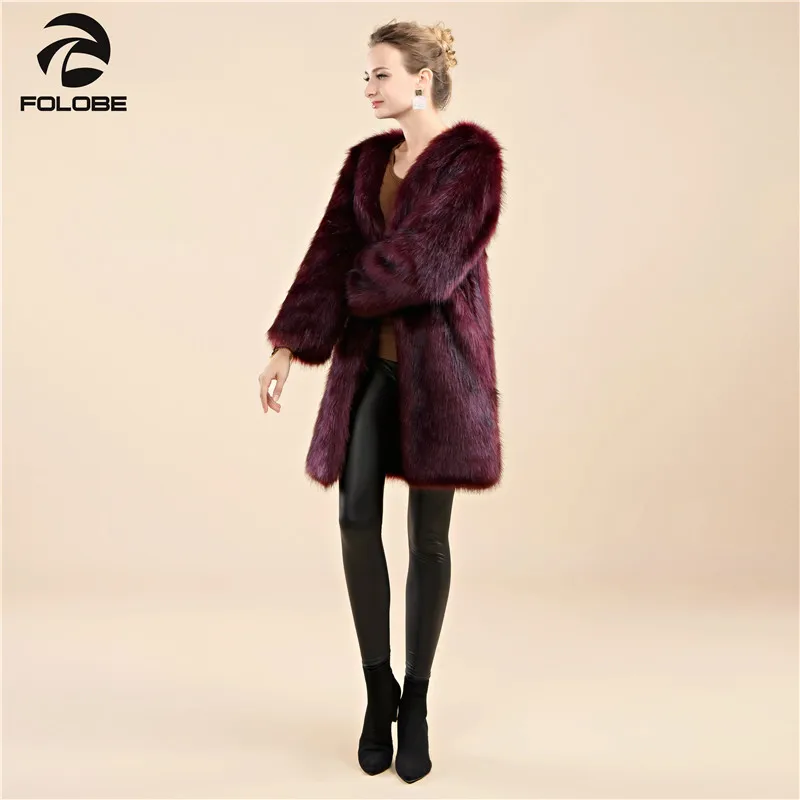 FOLOBE Women Winter Faux Fur Coat Female Luxury Artificial Fur Coats Jackets O-Check Burgundy Long Outwear Women Clothing