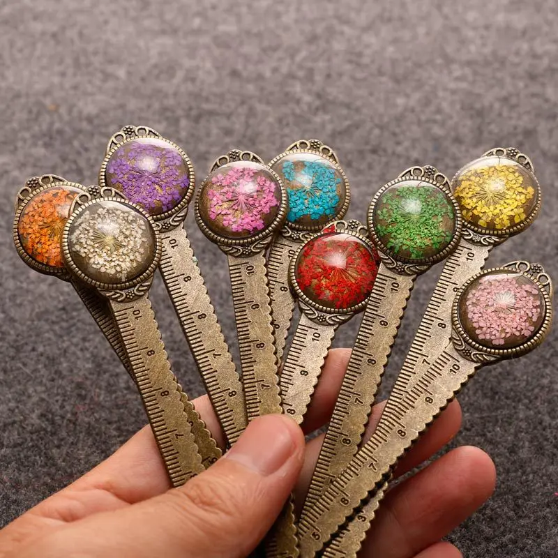 1 Piece Creative Retro Metal Bookmark Ruler Colorful Flower Bookmarks with Glass Gems As Book Page Marker School Supplies