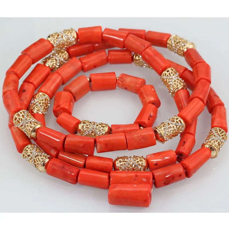 Big Original Coral Beads Quality Real Coral Men Bead Jewelry African Wedding Jewelry Set Groom Necklace Bracelet Set ABH779