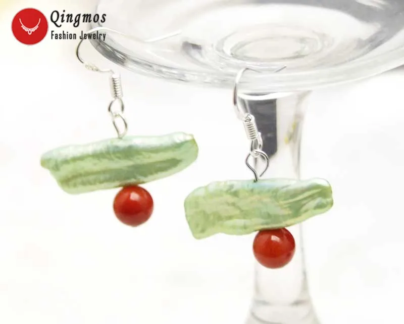 

Qingmos Natural 20-25mm Green Freshwater Biwa Pearl Earrings for Women with 6mm Round Red Coral beads Dangle Hook Earring-ear506