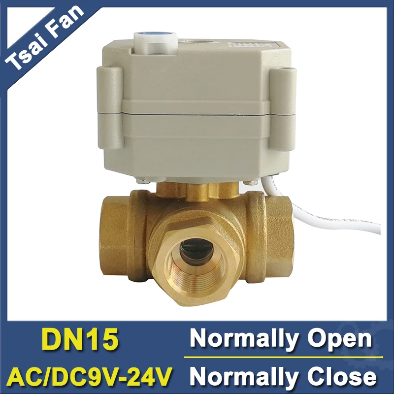 

AC/DC9-24V 2 Wires Metal Gear DN15 3 Way T/L Type Power failure safe Motorized Ball Valve Brass with manual override CE IP67