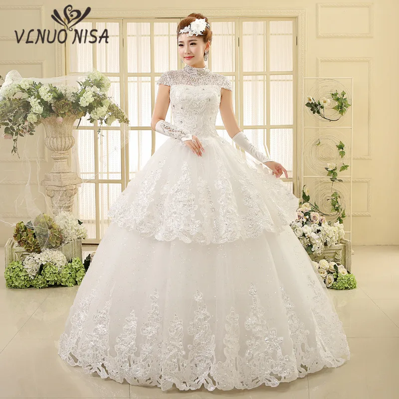 

Luxury Lace applique Crystal High Neck Cap Sleeve Vintage Wedding Dress Pattern Elegant Bride Gown Korean India Vestido De Novia