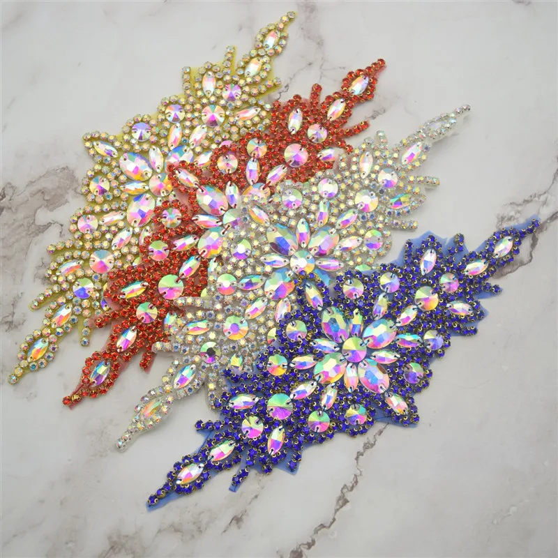 2 pcs Sew Iron On Beaded rhinestone applique trimming for wedding Bridal Dress Belt Motif