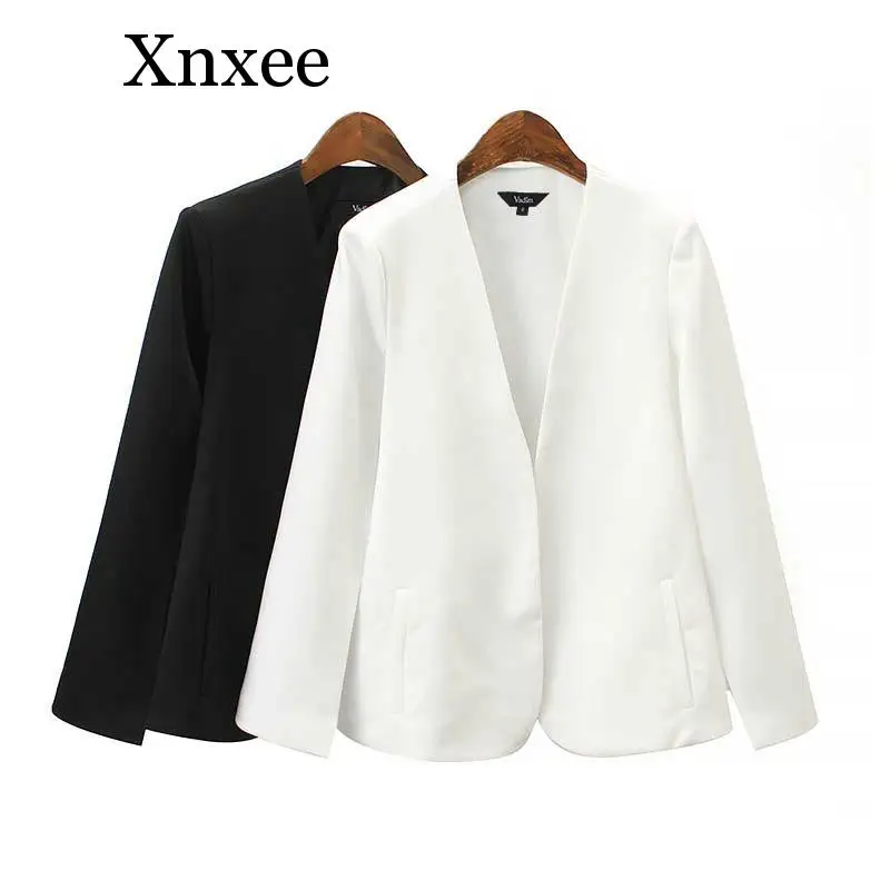 

Xnxee women elegant black white V neck coat pockets office wear solid outerwear female casual chic open stitch tops