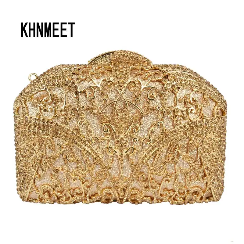 

KHNMEET Gold Chain Evening Bag Diamond Pochette Purse Crystal Wedding Clutches Party Prom Formal Handbag Luxury Bling Bag sc458