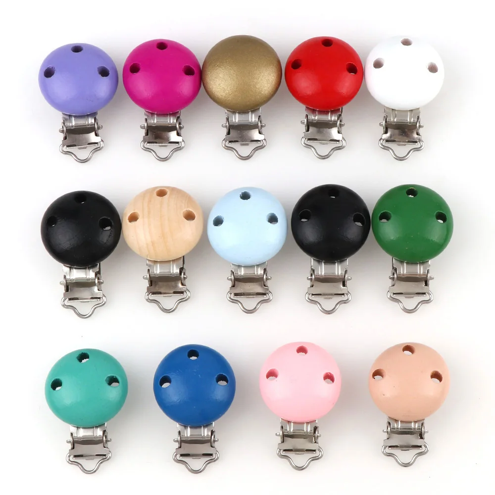 5Pcs/lot 14 Colors Metal Wooden Baby Children Pacifier Holder Clip Holders Cute Infant Round Nipple Clasps Holders Accessories