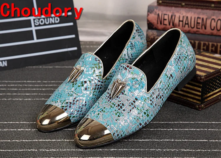 

Choudory blue spiked loafers men slipon gold toe dress shoes men velvet slippers luxury tassel python skin shoes zapatos hombre