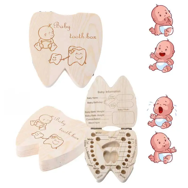 Baby Tooth Box spagnolo/inglese/olandese/russo/francese/italiano denti da latte in legno organizzatore conservazione ragazzi ragazze souvenir per bambini regalo