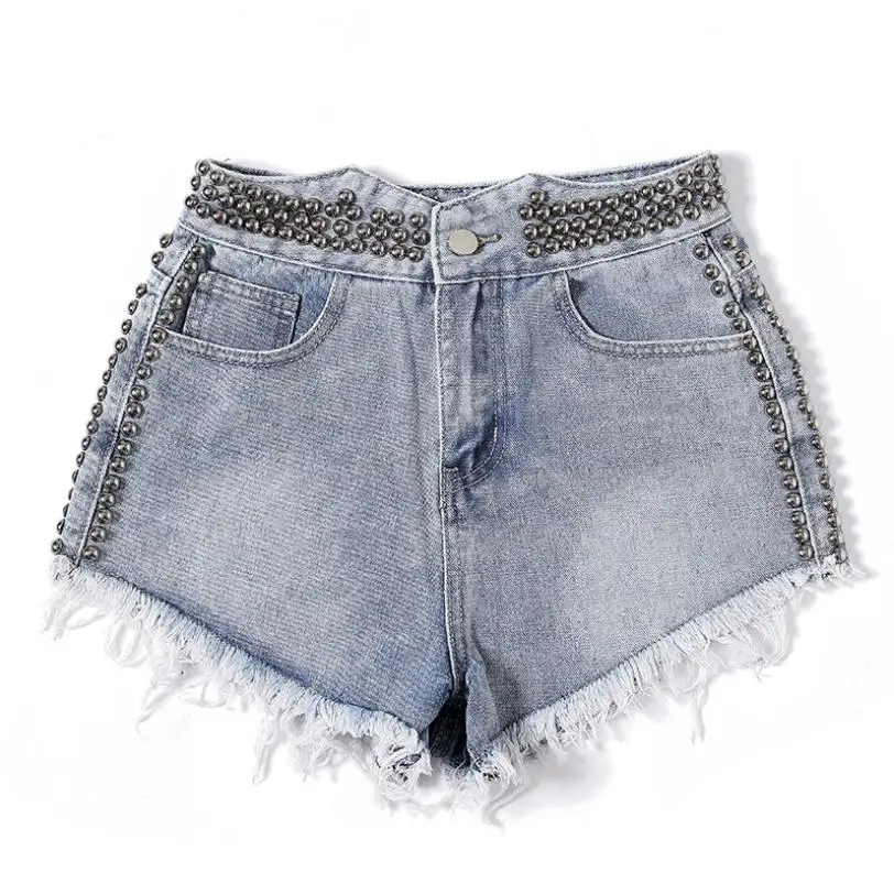 

Tassel with rivet beading denim shorts female high waist rivet beading hole denim shorts punk street style hot shorts wq1626