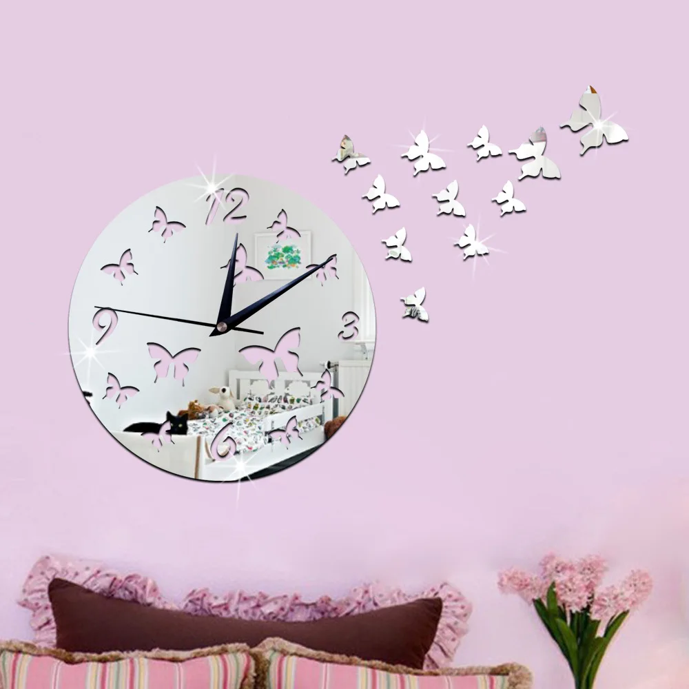 MEYA Creative Cut Cut Round And Butterfly  Wall Mirror Clock Sticker ,Removable Acrylic Decal Simple  Mirror Effect Style