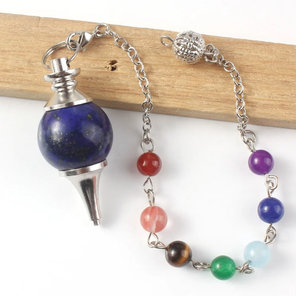 KFT Natural Healing India Reiki Lapis Lazuli 7 Round Beads Chakra Pendulum Dowsing Divination Stone Pendant Fashion Jewelry