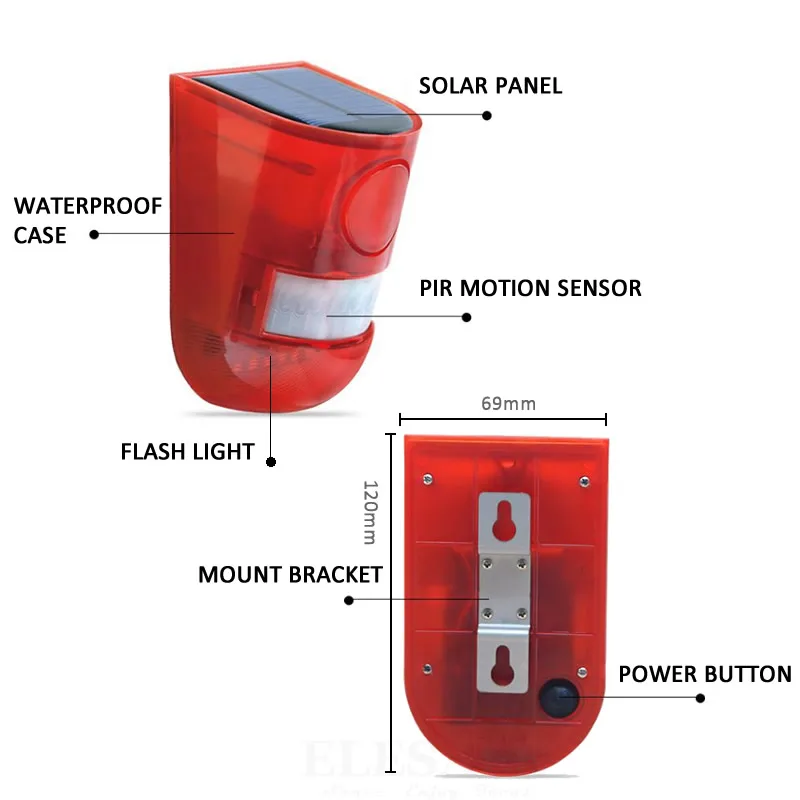 Solar Powered Infrared Motion Sensor Detector Siren Strobe Alarm System Waterproof 110dB Loud For Home Yard Outdoor Security