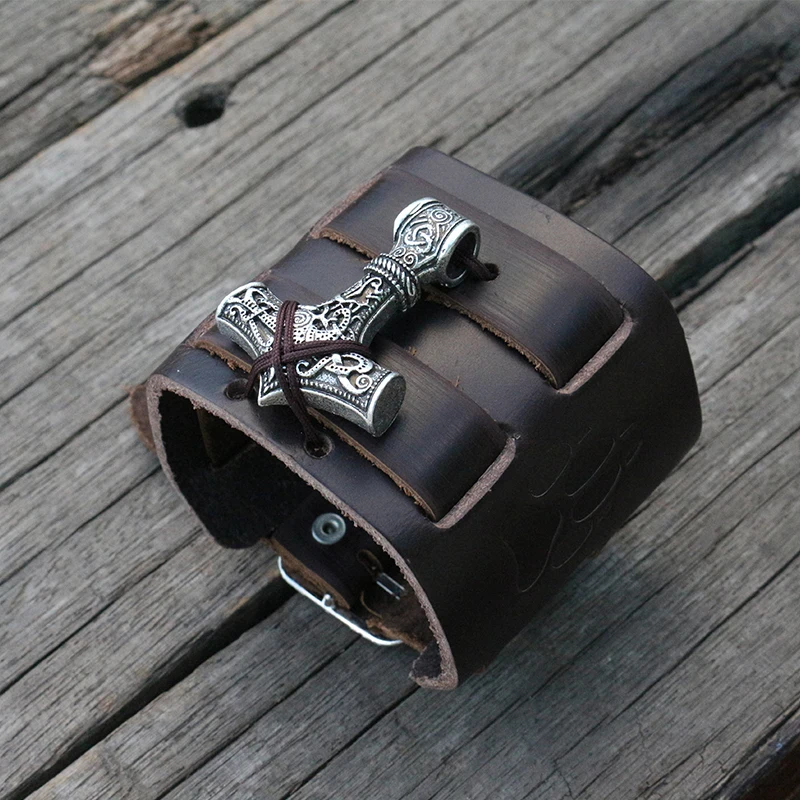 10pcs Leather Cuff Viking men Leather Wrist Cuff with mjolnir hammer WARG LEATHER Viking Wolf paw Bracelet Cuff Bangle