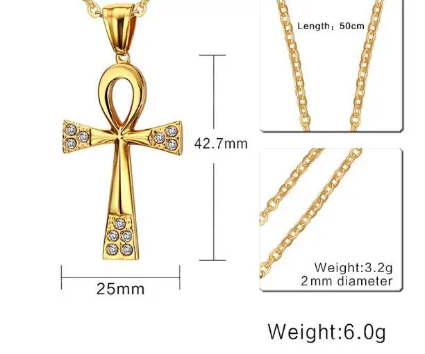 كبير 64 مللي متر بلورات AAA الصليب مصر قلادة الفولاذ المقاوم للصدأ عقد ذهب سلسلة مجانية 24 بوصة للنساء الرجال #6