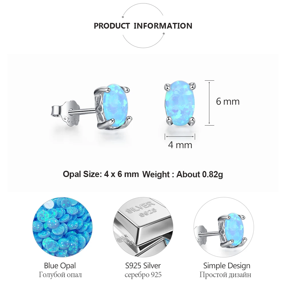 925 Sterling Silver Stud Earrings for Women Cute 4mm Created Oval White Pink Blue Fire Opal Earrings Fine Jewelry (Lam Hub Fong)