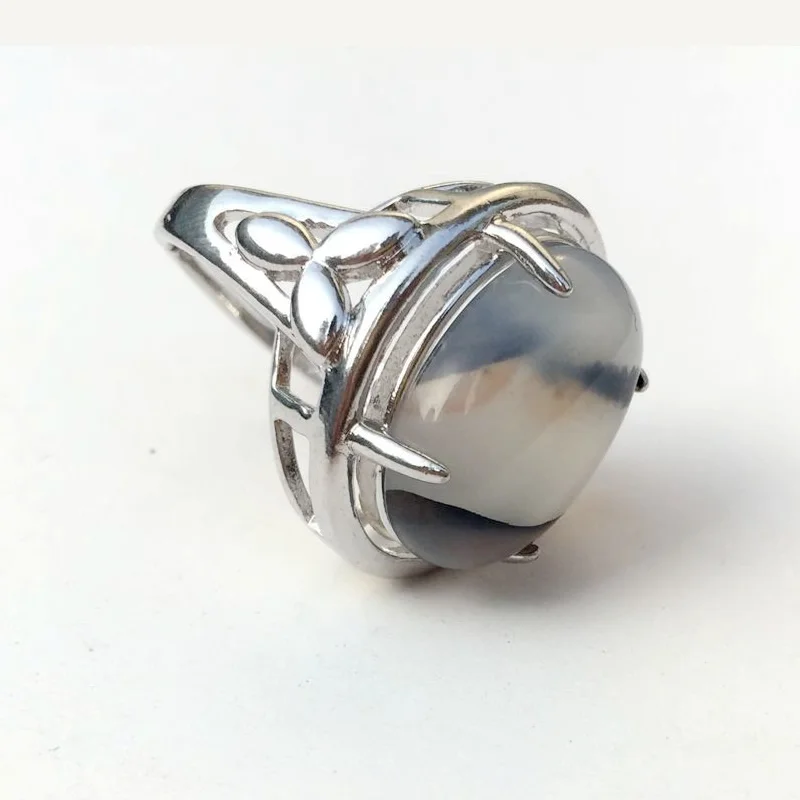 Silver-Plated Oval Crystal Ring for Women, Natural Agate Patterns, Adjustable Chalcedony Ring, Fashionable Jewelry, 1Pc