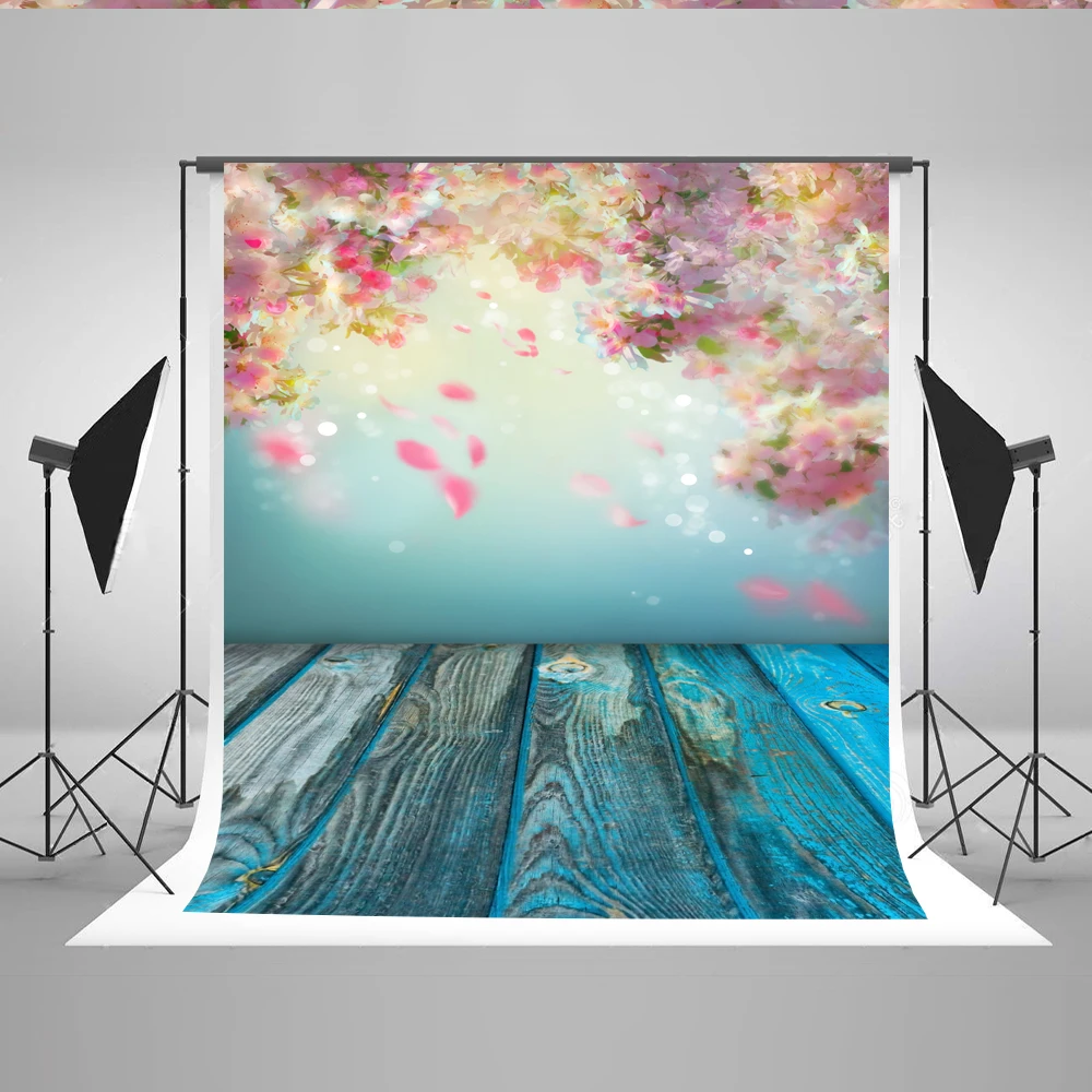 VinylBDS  Petal Blue Spring Photography Backdrops Wooden Floor Backdrops Children Flower Backgrounds for Photo Studio