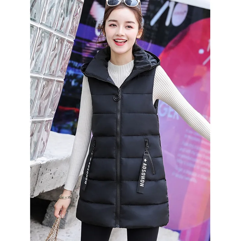 UHYTGF Korean Women Winter Down Cotton Jackets 2022 Loose Size Long Sleeveless Warm Top Fashion Hooded Chic Girl Parker Vest 427