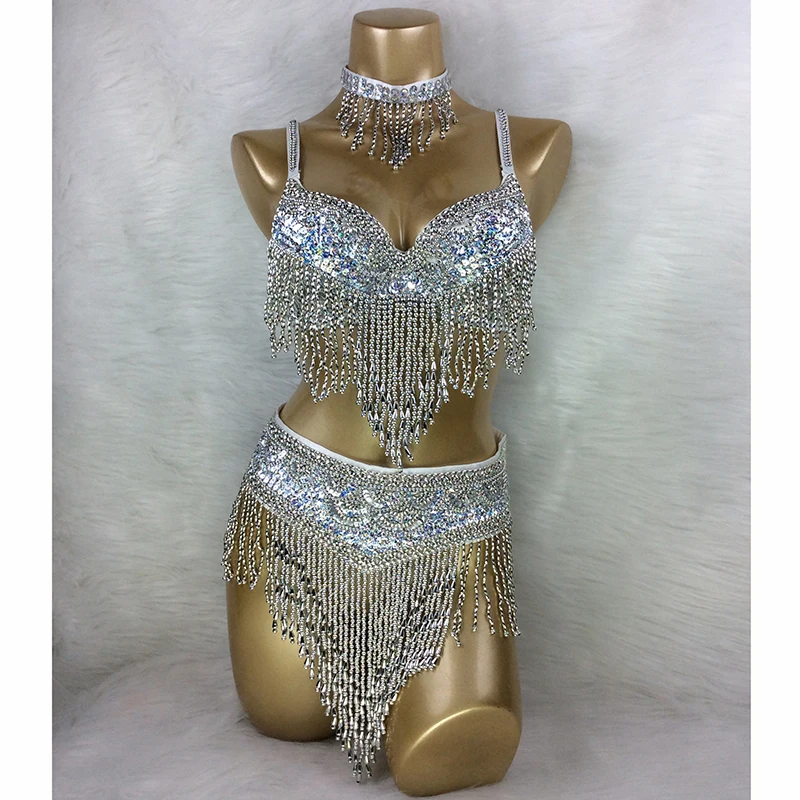Nowe damskie zroszony zestaw do tańca brzucha Sexy karnawał taniec brzucha ubrania noc Bellydance topy stanik z łańcuchami pas ubrania taneczne