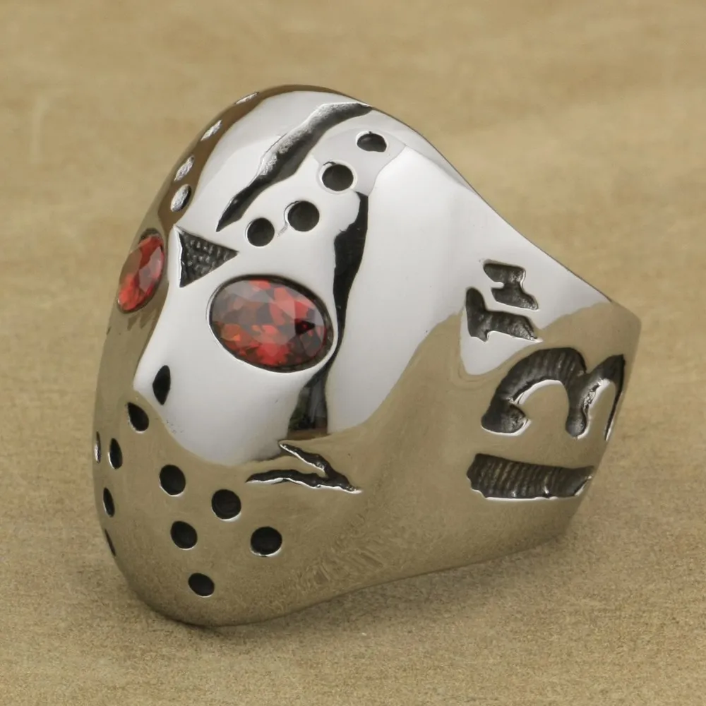 316L Stainless Steel Halloween Jason Hockey Red CZ Eyes Mens Ring 3F301A