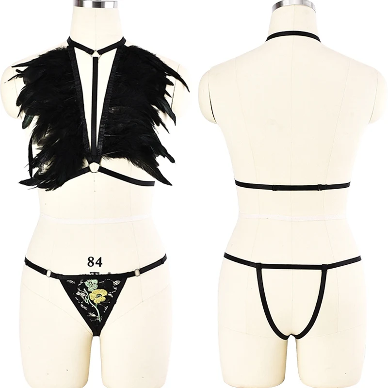 

Goth Adjust Festival Feather Epaulettes Body Harness Set Rave Wear Mesh Transparent Harness G-string Briefs Bondage Belt