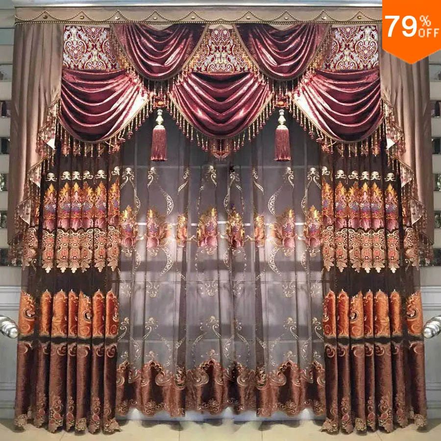 2.5 meter wide to 3 meter wide window Egypt Luxury entrance curtain of living room brown embroidery hotel curtains rich style