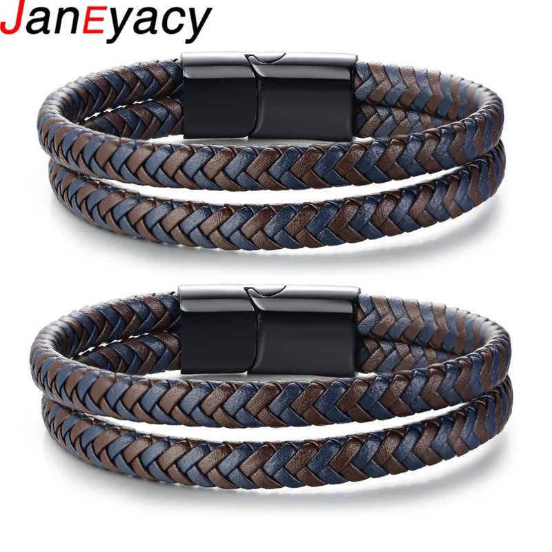 New Listing Double weave Leather Bracelet Men's Popular Jewelry Magnetic buckle Stainless Steel Ladies Bracelet Gift Pulseira