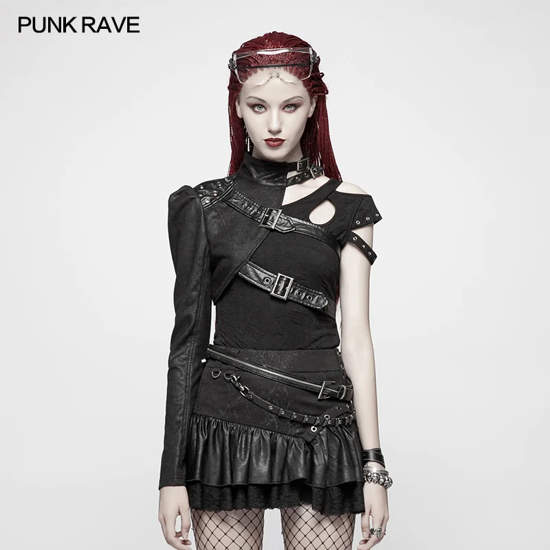 Punk Rave One-arm Rivet Short Sexy Coat Jacket Soldier Black Gothic Cosplay Performance Clothing WY952