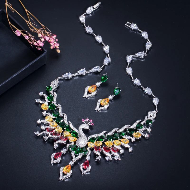 CWWZircons Luxury Multicolored Cubic Zirconia Big Peacock Choker Necklace Wedding Jewellery Set Bridal Costume Jewelry T331