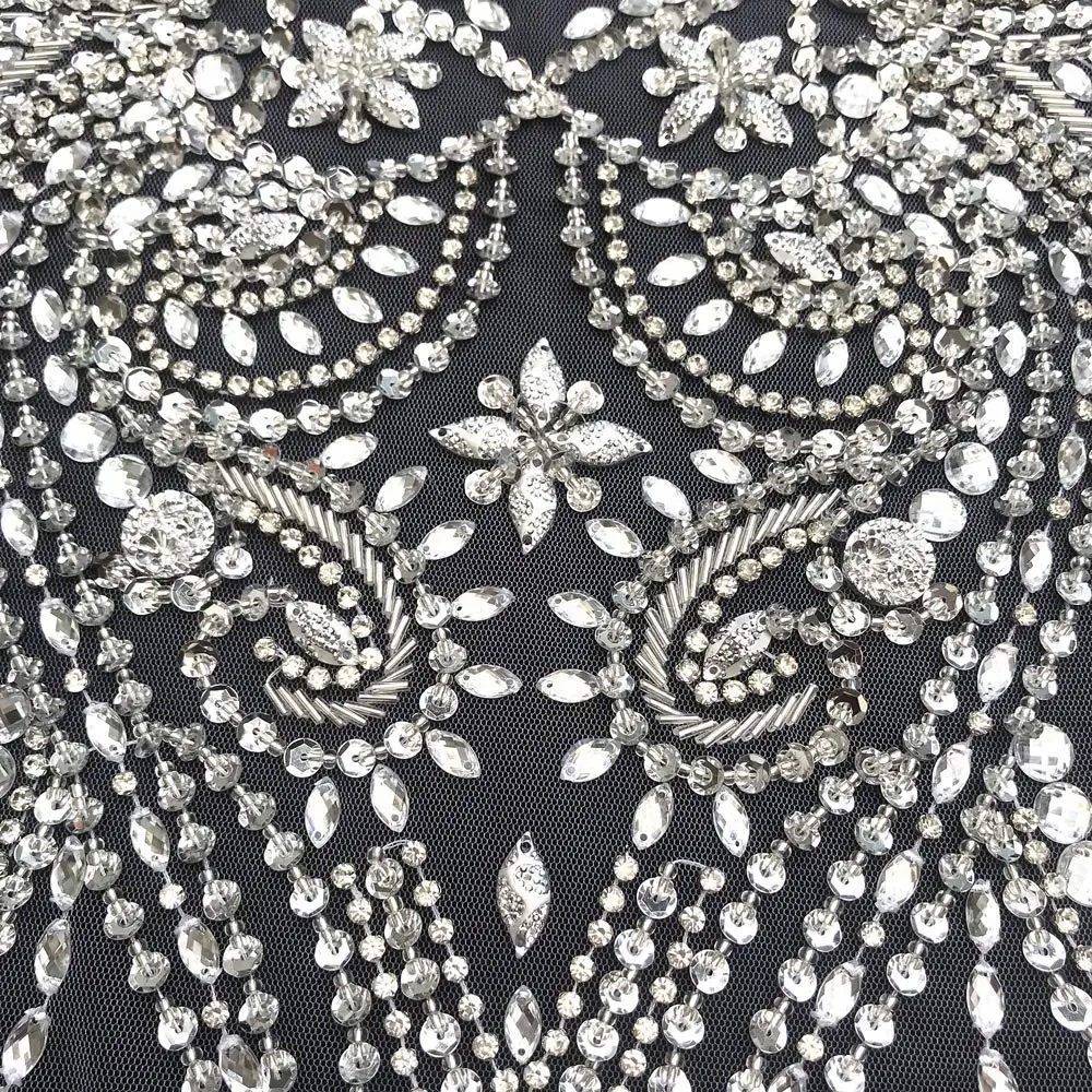 Unique Silver 35x50cm Sew on Sequin Rhinestone Strass Bodice Decorative Patches Appliques For Marriage Bridal Wedding Prom Dress