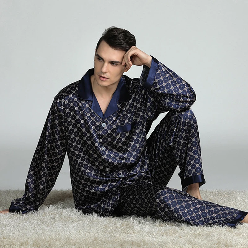 Novos conjuntos de pijama de cetim de seda dos homens manga longa pijamas conjunto de duas peças pijamas terno masculino respirável pijamas loungewear