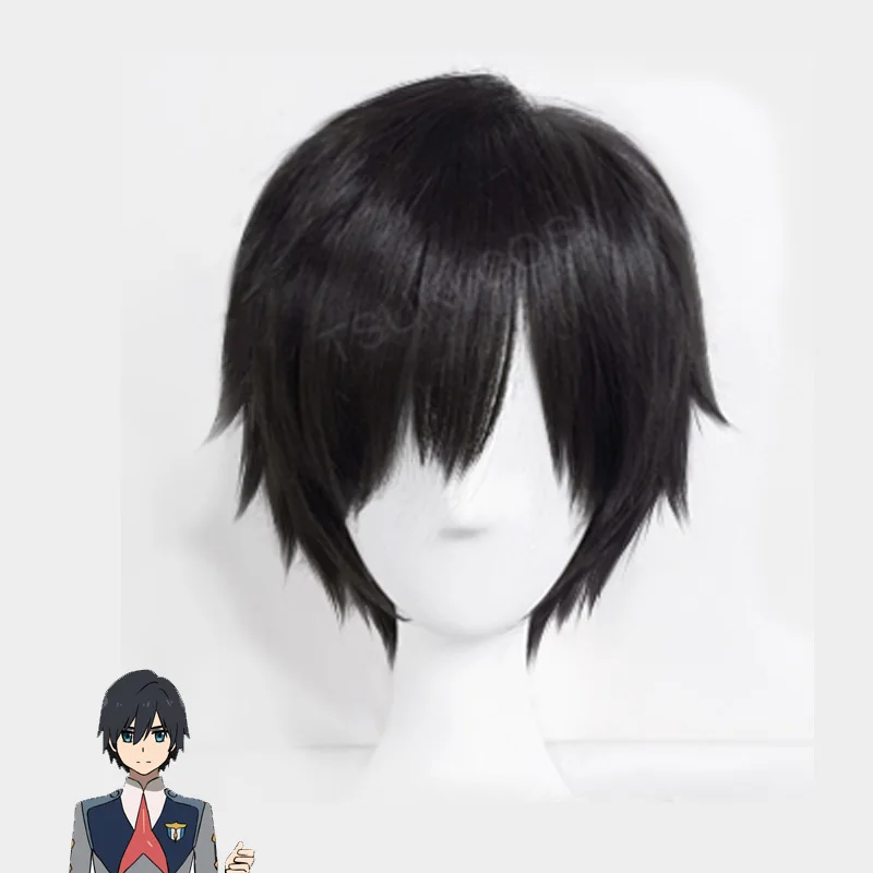 일본 애니메이션 darling에서 FRANXX 코스프레 Hiro Cosplay 여성 짧은 검은 머리 23cm/9.06inches 합성 머리 + 가발 모자