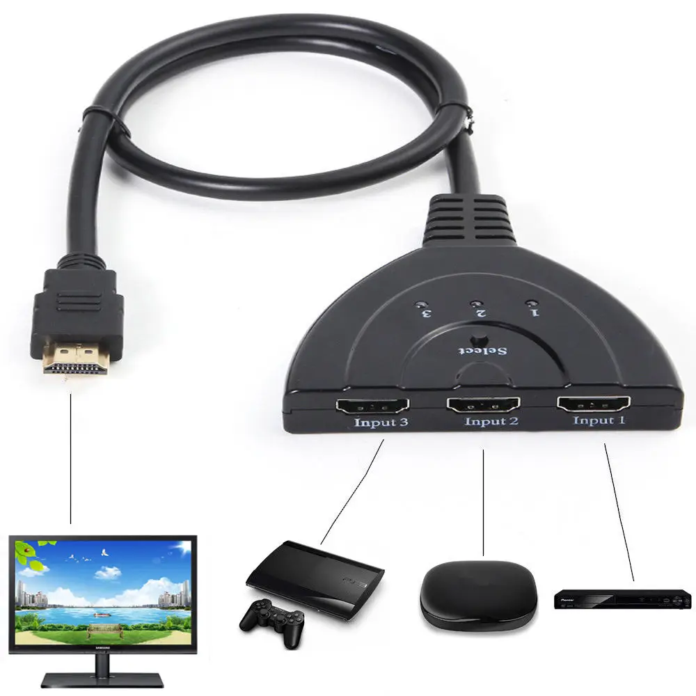 3 Port  HDMI-compatible Multi Display Auto Switch Hub Box Splitter 1080P HD TV Adapter Cable