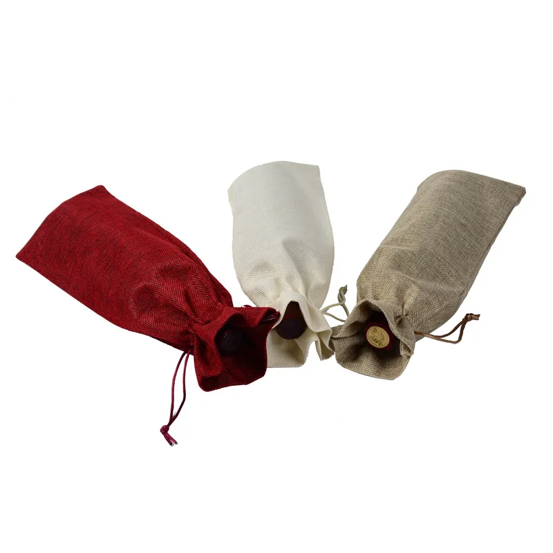 3 Colors Linen Drawstring Wine Bags Dustproof Wine Bottle Packaging Bag Champagne Pouches Party Gift Wrap W9096