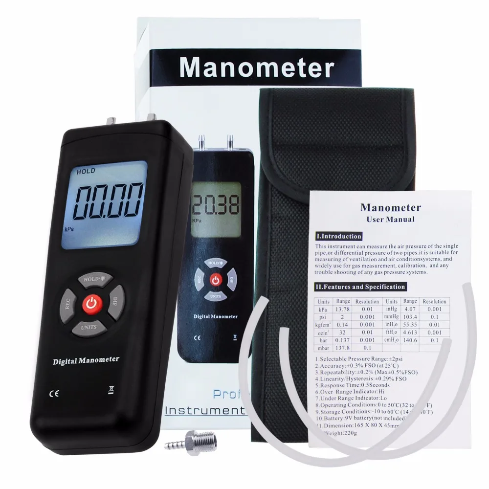 Manometer MAN-45 Digital Portable Handheld Air Vacuum Gas Pressure Gauge Meter with Backlight 11 units +/- 13.78kPa +/- 2PSI