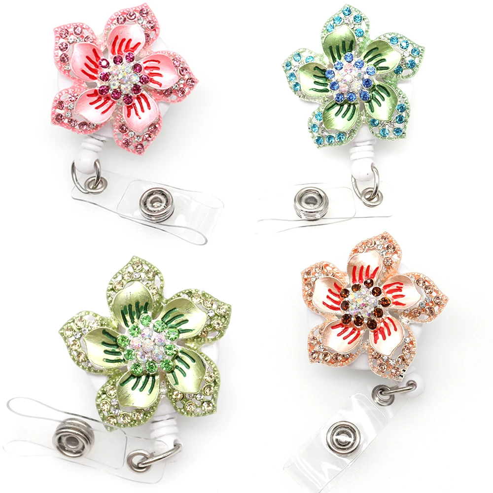 

New lot Exquisite Craftsmanship Rhinestone Retractable Hawaiian Flower Badge Reel Name Card ID Badge Holder for Women