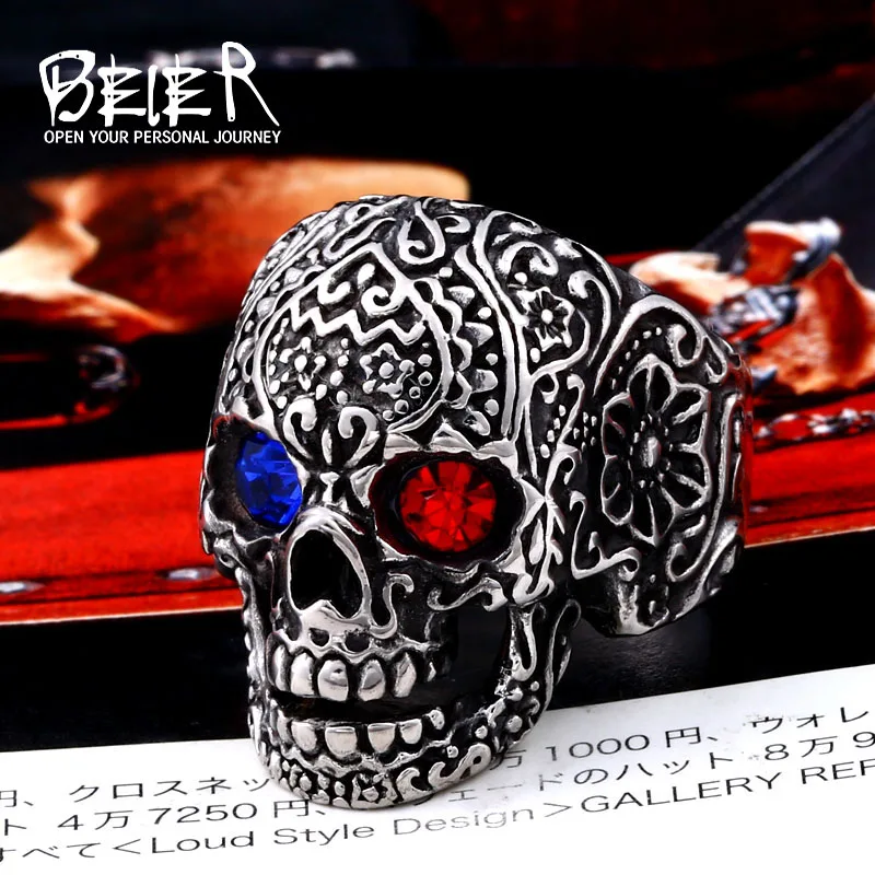 Beier new store 316L Stainless Steel Fashion skull men\'s ring red blue eyes ring High quality jewelry gift LLBR8-644R