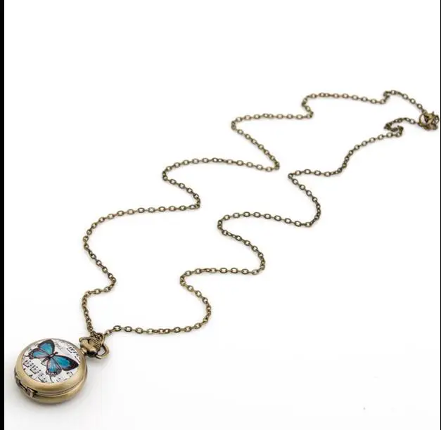 New Fashion quartz butterfly score enamel pattern Bronze, silver pendant mirror hours Necklace pocket watches