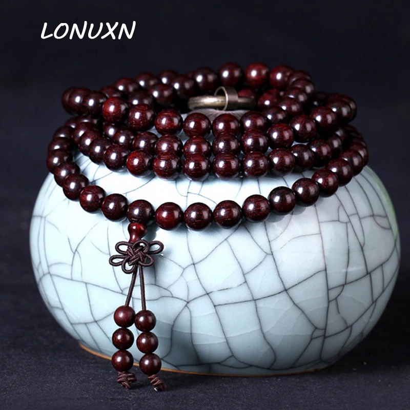 India 108*8mm authentic India Lobular red sandalwood Natural Old Material retro yak bone Buddha beads hand string bracelet