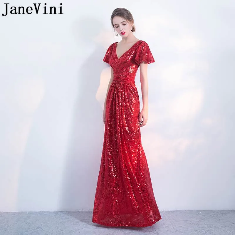 

JaneVini Elegant Red Long Dress Bling Sequined Ladies Dresses For Wedding Party Jurk Lang Pleat Sequin Bridesmaid Dresses Nedime