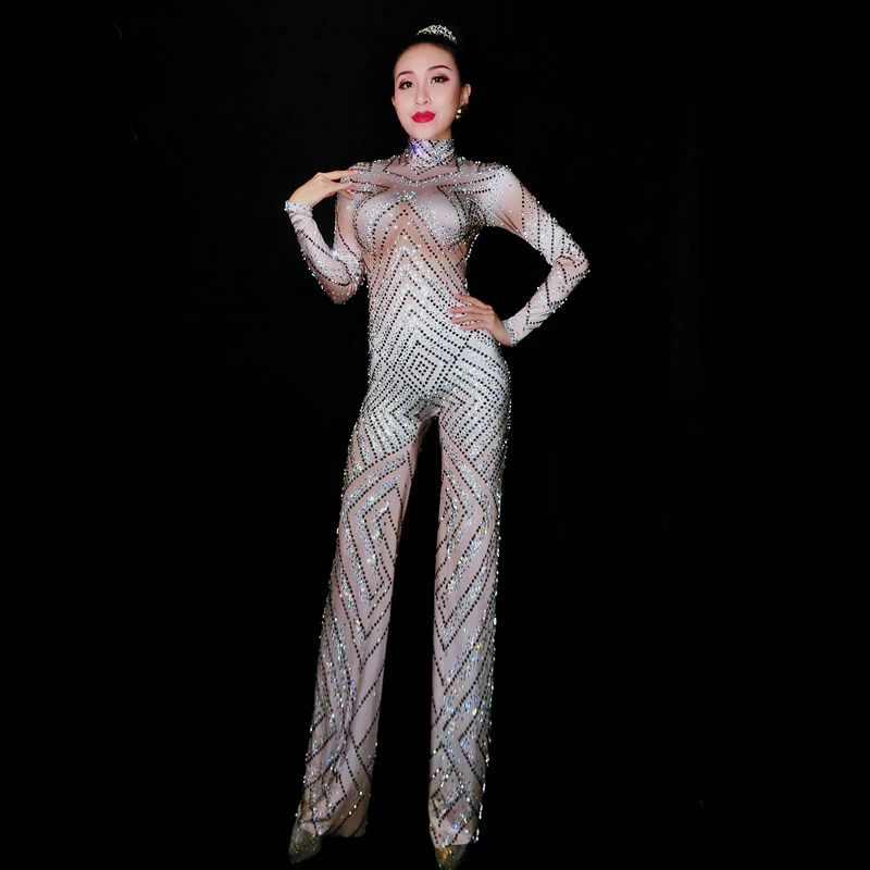 

Sparkly Big Legs Jumpsuits Rhinestones Sexy Bodysuit Stage Performance Female Birthday Celebrate luxurious Singer Costume Wear