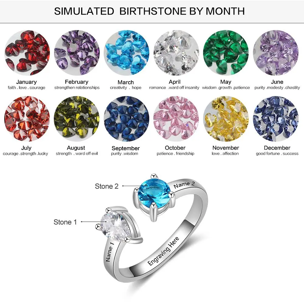 Personalized 925 Sterling Silver Open Ring with 12 Month Birthstone Engraved Name Ring Fine Jewelry Gift for Women(Lam Hub Fong)