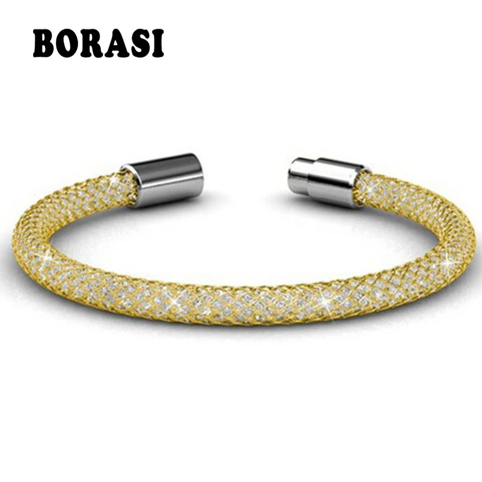 Hot Sell! Women Trendy Stianless Steel Bracelets Crystal Inside The Net Chain The Most Fashionable Bracelets