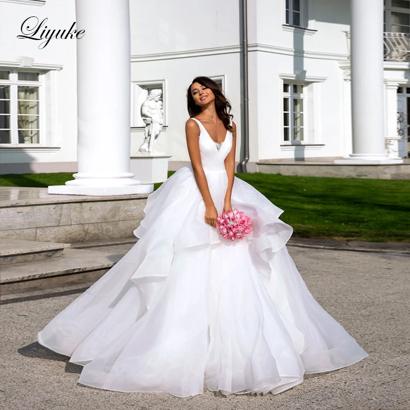 

Liyuke Sleeveless A-Line Wedding Dress With Organza And Tulle Fabrics Elegant Natural Waistline Wedding Gown