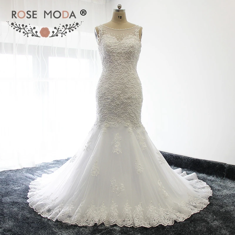 

Rose Moda Lace Mermaid Wedding Dress Low V Back Boho Real Photos