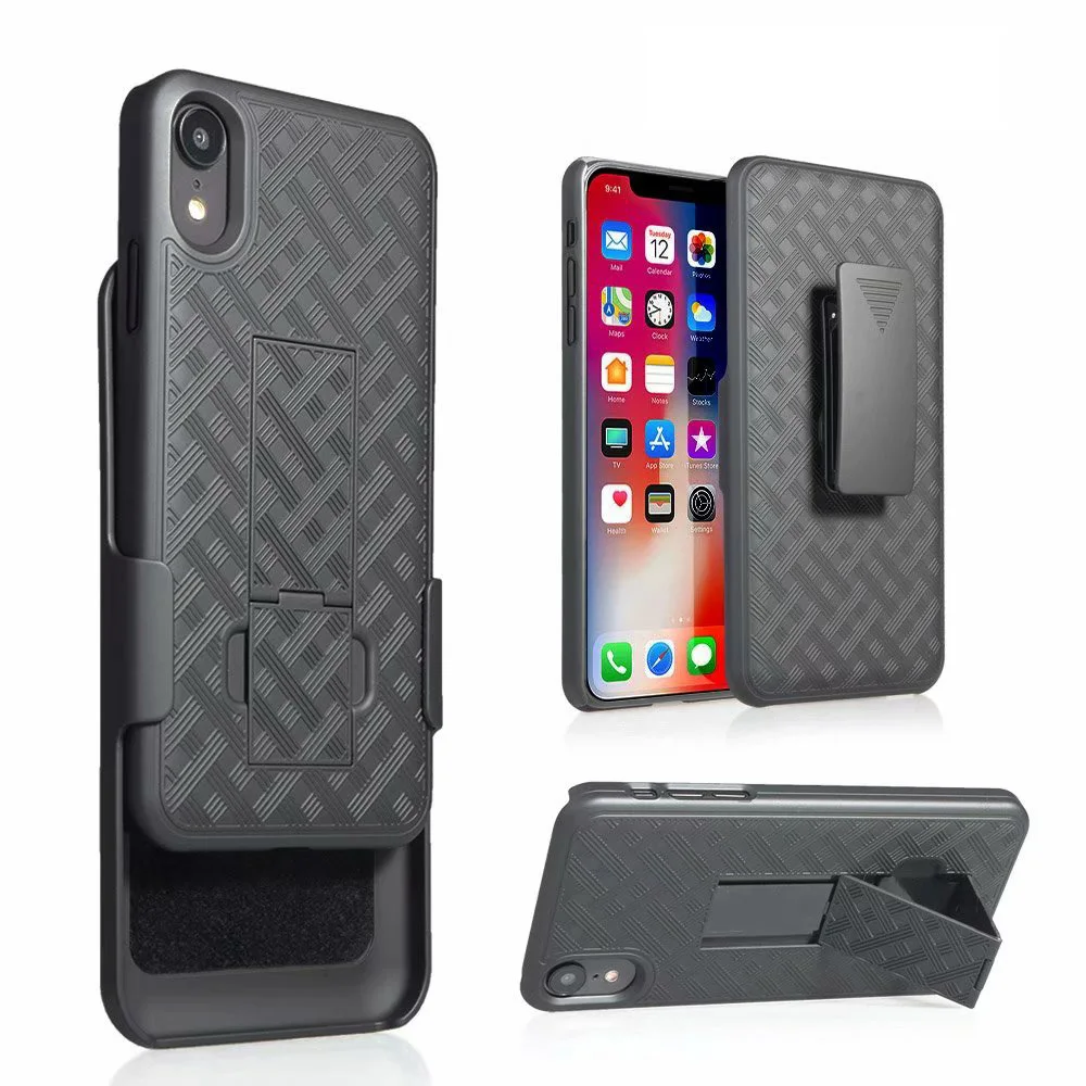 Woven 2 in 1 Hybrid Hard Shell Holster Combo Case With Kickstand & Belt Clip For iPhone XR 6.1\